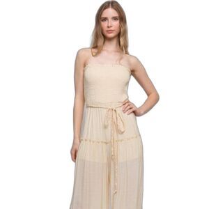 New GiGiO Natural Strapless Woven Sleeveless Top Smocked Ruffle Jumpsuit - MED